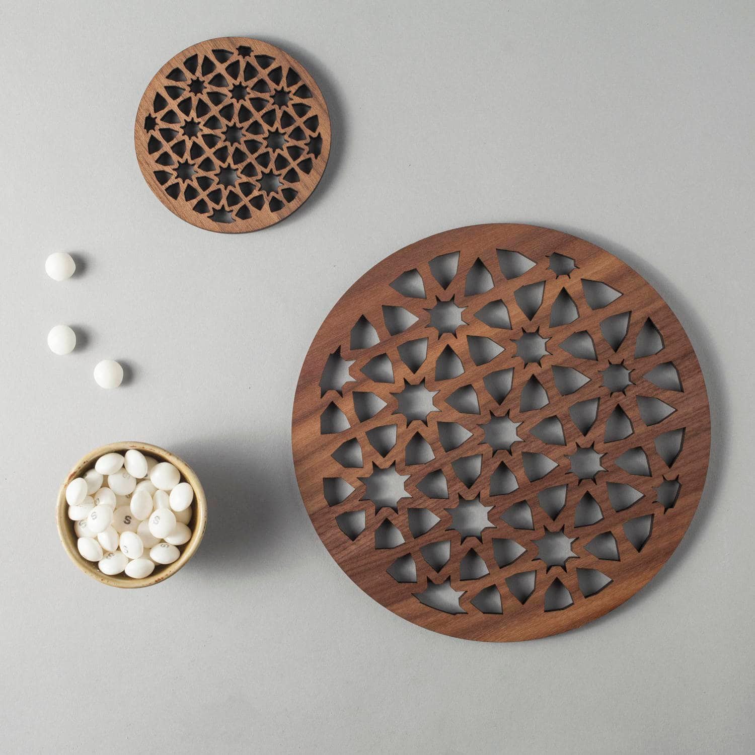 Moroccan pattern walnut drinks coasters, geometric