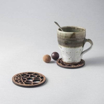 Voronoi cell pattern coasters in genuine walnut, geometry, cells